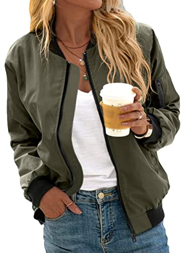 Minetom Damen Bomberjacke Ladies Light Bomber Jacket Leichte Fliegerjacke Blouson Reißverschluss Pilotenjacke Kurzjacke Damenjacke Herbst Frühling College Jacke A Grün L von Minetom