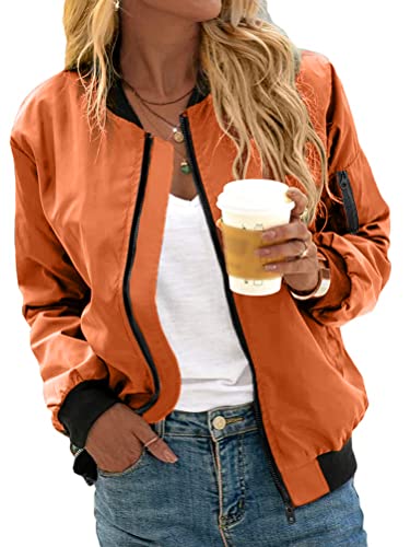 Minetom Damen Bomberjacke Ladies Light Bomber Jacket Leichte Fliegerjacke Blouson Reißverschluss Pilotenjacke Kurzjacke Damenjacke Herbst Frühling College Jacke A Orange M von Minetom