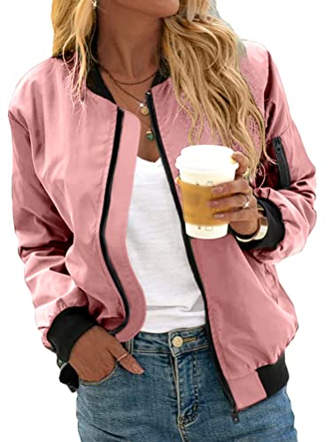 Minetom Damen Bomberjacke Ladies Light Bomber Jacket Leichte Fliegerjacke Blouson Reißverschluss Pilotenjacke Kurzjacke Damenjacke Herbst Frühling College Jacke A Rosa S von Minetom
