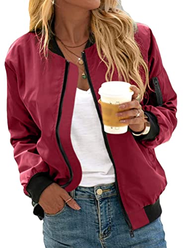 Minetom Damen Bomberjacke Ladies Light Bomber Jacket Leichte Fliegerjacke Blouson Reißverschluss Pilotenjacke Kurzjacke Damenjacke Herbst Frühling College Jacke A Rot L von Minetom