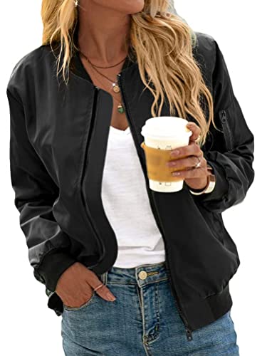 Minetom Damen Bomberjacke Ladies Light Bomber Jacket Leichte Fliegerjacke Blouson Reißverschluss Pilotenjacke Kurzjacke Damenjacke Herbst Frühling College Jacke A Schwarz L von Minetom