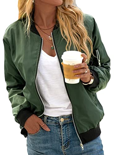 Minetom Damen Bomberjacke Ladies Light Bomber Jacket leichte Fliegerjacke Blouson Pilotenjacke Kurzjacke Damenjacke Herbst Frühling College Jacke A Grün M von Minetom