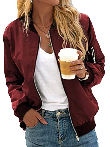 Minetom Damen Bomberjacke Ladies Light Bomber Jacket leichte Fliegerjacke Blouson Pilotenjacke Kurzjacke Damenjacke Herbst Frühling College Jacke A Rot S von Minetom