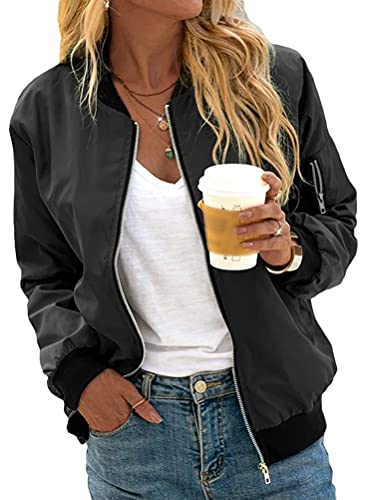 Minetom Damen Bomberjacke Ladies Light Bomber Jacket leichte Fliegerjacke Blouson Pilotenjacke Kurzjacke Damenjacke Herbst Frühling College Jacke A Schwarz L von Minetom