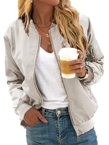 Minetom Damen Bomberjacke Ladies Light Bomber Jacket leichte Fliegerjacke Blouson Pilotenjacke Kurzjacke Damenjacke Herbst Frühling College Jacke B Beige L von Minetom