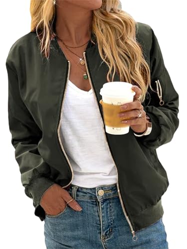 Minetom Damen Bomberjacke Ladies Light Bomber Jacket leichte Fliegerjacke Blouson Pilotenjacke Kurzjacke Damenjacke Herbst Frühling College Jacke B Grün M von Minetom