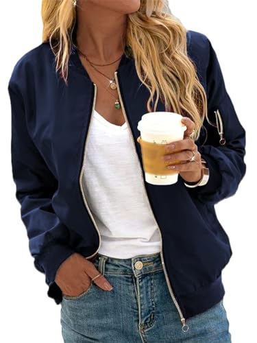 Minetom Damen Bomberjacke Ladies Light Bomber Jacket leichte Fliegerjacke Blouson Pilotenjacke Kurzjacke Damenjacke Herbst Frühling College Jacke B Marine M von Minetom