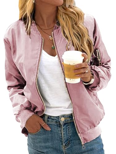 Minetom Damen Bomberjacke Ladies Light Bomber Jacket leichte Fliegerjacke Blouson Pilotenjacke Kurzjacke Damenjacke Herbst Frühling College Jacke B Rosa XXL von Minetom