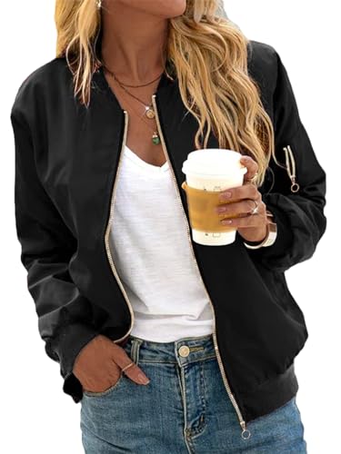 Minetom Damen Bomberjacke Ladies Light Bomber Jacket leichte Fliegerjacke Blouson Pilotenjacke Kurzjacke Damenjacke Herbst Frühling College Jacke B Schwarz M von Minetom