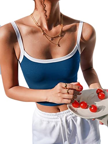 Minetom Damen Cami Top Bauchfrei Strick Spaghettiträger Cropped Camisole Tanktop Ärmellos Oberteil Schulterfrei Cami Crop Top Shirt Spagehtti Träger Sexy Elegant Y2K 90er Fashion Tops B Blau S von Minetom