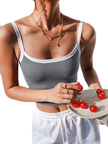 Minetom Damen Cami Top Bauchfrei Strick Spaghettiträger Cropped Camisole Tanktop Ärmellos Oberteil Schulterfrei Cami Crop Top Shirt Spagehtti Träger Sexy Elegant Y2K 90er Fashion Tops B Grau S von Minetom