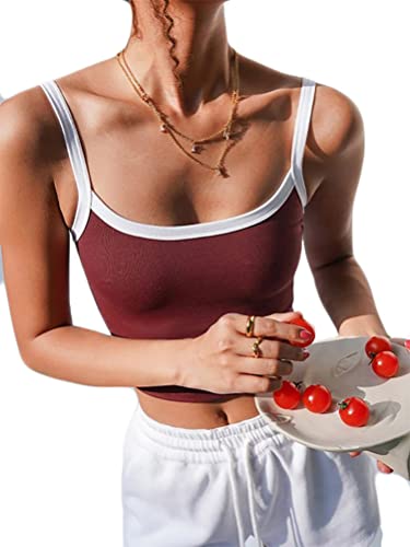 Minetom Damen Cami Top Bauchfrei Strick Spaghettiträger Cropped Camisole Tanktop Ärmellos Oberteil Schulterfrei Cami Crop Top Shirt Spagehtti Träger Sexy Elegant Y2K 90er Fashion Tops B Weinrot XS von Minetom