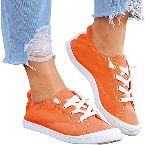 Minetom Damen Canvas Sneakers Turnschuh Low Top Flache Schuhe Frauen Schnürschuhe Loafer Sneakers Spitze Turnschuhe Schlupfschuhe Atmungsaktive Sommer Und Herbst Schuhe B Orange 40 EU von Minetom