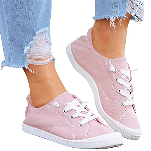 Minetom Damen Canvas Sneakers Turnschuh Low Top Flache Schuhe Frauen Schnürschuhe Loafer Sneakers Spitze Turnschuhe Schlupfschuhe Atmungsaktive Sommer Und Herbst Schuhe B Rosa 37 EU von Minetom