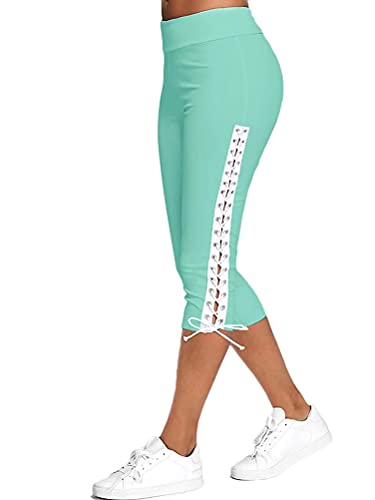 Minetom Damen Capri 3/4 Yoga Hose Kurze Sommer Stretch Stoffhose Mit Verband Hollow Sommerhose Leggings Freizeithose High Waist Jogginghose A Grün S von Minetom