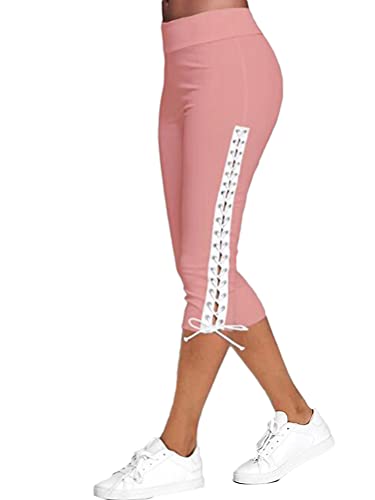 Minetom Damen Capri 3/4 Yoga Hose Kurze Sommer Stretch Stoffhose Mit Verband Hollow Sommerhose Leggings Freizeithose High Waist Jogginghose A Rosa M von Minetom