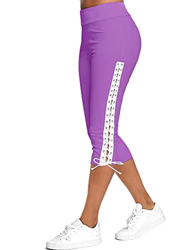 Minetom Damen Capri 3/4 Yoga Hose Kurze Sommer Stretch Stoffhose Mit Verband Hollow Sommerhose Leggings Freizeithose High Waist Jogginghose A Violett 3XL von Minetom