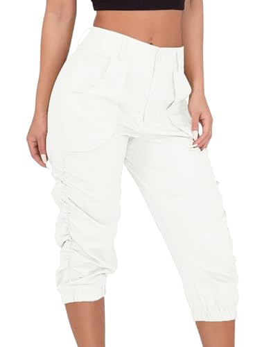 Minetom Damen Capri Hose High Waist 3/4 Länge Kurze Sommerhosen Stretch Leichte mit Taschen Sommer Outdoor Freizeithose Softhose A Weiß L von Minetom