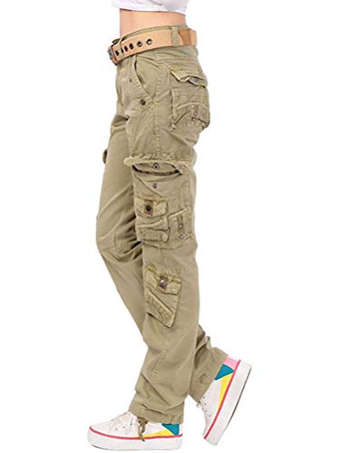 Minetom Damen Cargo Hosen Multi Taschen Jogginghose Loose Sporthose High Waist Bequem Lange Hosen Freizeithose Einfarbig Outdoorhose Arbeitshose Y3 Khaki L von Minetom