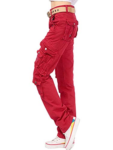 Minetom Damen Cargo Hosen Multi Taschen Jogginghose Loose Sporthose High Waist Bequem Lange Hosen Freizeithose Einfarbig Outdoorhose Arbeitshose Y3 Rot S von Minetom
