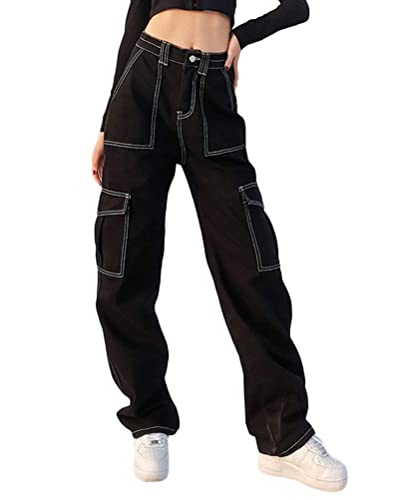 Minetom Damen Cargo Jeanshosen Y2K Indie Aesthetic Vintage High Waist E-Girl Streetwear Hose Casual Pants Denim Hose mit Multiple Taschen E1 Schwarz L von Minetom