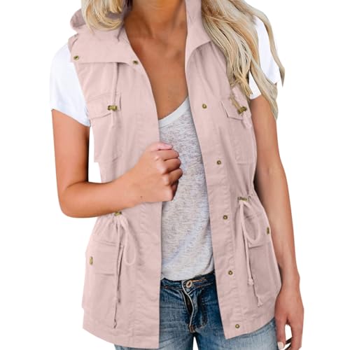 Minetom Damen Cargo Weste Ärmellos Übergangs Parka Jacke Kurz Mit Taschen Und Kordelzug Frühling Sommer Weste Oberbekleidung A Rosa 4XL von Minetom