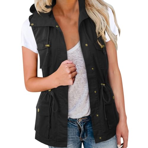 Minetom Damen Cargo Weste Ärmellos Übergangs Parka Jacke Kurz Mit Taschen Und Kordelzug Frühling Sommer Weste Oberbekleidung A Schwarz M von Minetom