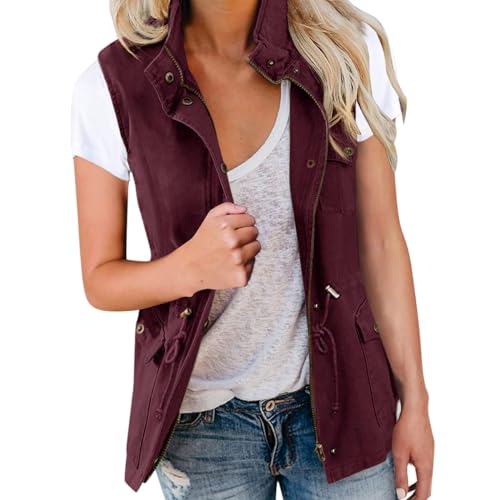 Minetom Damen Cargo Weste Ärmellos Übergangs Parka Jacke Kurz Mit Taschen Und Kordelzug Frühling Sommer Weste Oberbekleidung B Rot S von Minetom