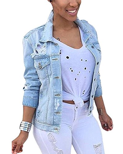 Minetom Damen Casual Button Down Denim Jacket Jeansjacke Beiläufige Outwear Jeans Mantel Hellblau DE 34 von Minetom