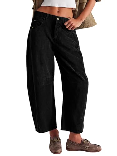 Minetom Damen Casual High Waist Tapered Cordhosen Gerades Bein Hosen Einfarbig Freizeithosen Mit Taschen B Schwarz M von Minetom