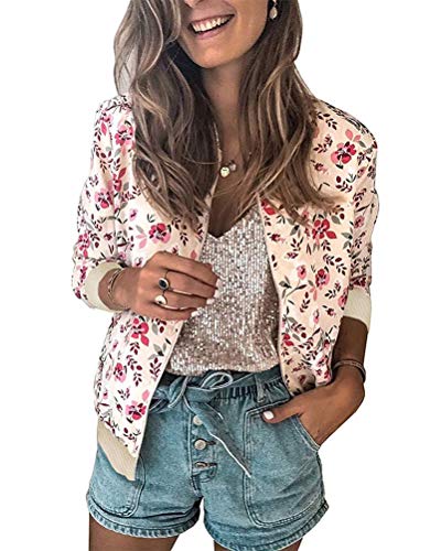 Minetom Damen Casual Jacke Blumenmuster Langarm Bomberjacke Reißverschluss Stehkragen Outwear Kurz Mantel Frühling Sommer Übergangsjacke A Rose L von Minetom