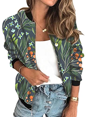 Minetom Damen Casual Jacke Blumenmuster Langarm Bomberjacke Reißverschluss Stehkragen Outwear Kurz Mantel Herbst Frühling Leicht Jacke A Grün XXL Minetom Damen Casual Jacke Blumenmuster Langarm Bomberjacke Reißverschluss Stehkragen Outwear Kurz Mantel Herbst Frühling Leicht Jacke A Grün XXL von Minetom