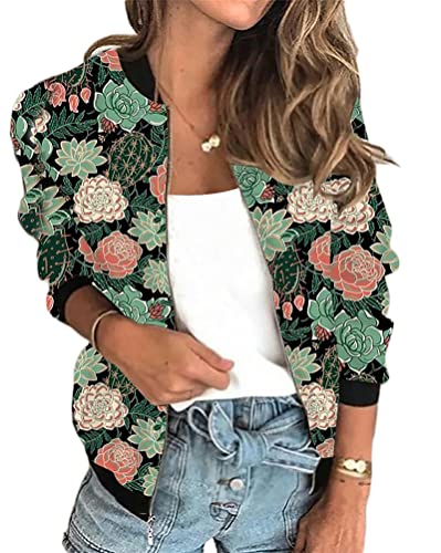 Minetom Damen Casual Jacke Blumenmuster Langarm Bomberjacke Reißverschluss Stehkragen Outwear Kurz Mantel Herbst Frühling Leicht Jacke A Rosa XL von Minetom