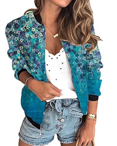 Minetom Damen Casual Jacke Blumenmuster Langarm Bomberjacke Reißverschluss Stehkragen Outwear Kurz Mantel Herbst Frühling Leicht Jacke B Blau XXL von Minetom