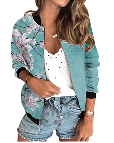 Minetom Damen Casual Jacke Blumenmuster Langarm Bomberjacke Reißverschluss Stehkragen Outwear Kurz Mantel Herbst Frühling Leicht Jacke C Hellblau XL von Minetom