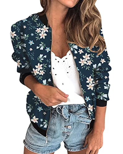 Minetom Damen Casual Jacke Blumenmuster Langarm Bomberjacke Reißverschluss Stehkragen Outwear Kurz Mantel Herbst Frühling Leicht Jacke C Marine M von Minetom
