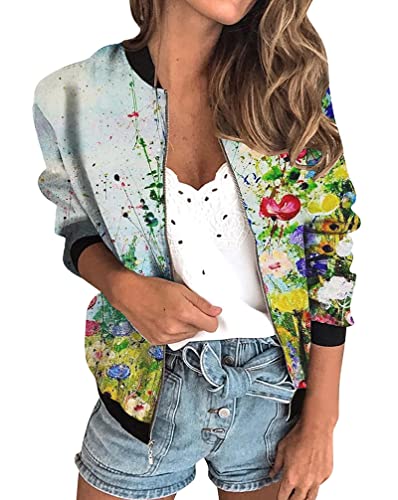 Minetom Damen Casual Jacke Blumenmuster Langarm Bomberjacke Reißverschluss Stehkragen Outwear Kurz Mantel Herbst Frühling Leicht Jacke C Mehrfarbig M von Minetom