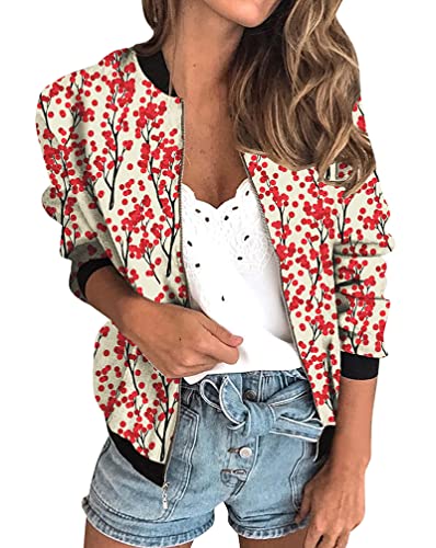 Minetom Damen Casual Jacke Blumenmuster Langarm Bomberjacke Reißverschluss Stehkragen Outwear Kurz Mantel Herbst Frühling Leicht Jacke C Rot 01 L von Minetom