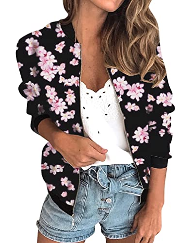 Minetom Damen Casual Jacke Blumenmuster Langarm Bomberjacke Reißverschluss Stehkragen Outwear Kurz Mantel Herbst Frühling Leicht Jacke C Schwarz 01 XL von Minetom