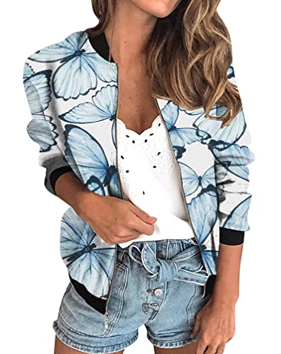 Minetom Damen Casual Jacke Blumenmuster Langarm Bomberjacke Reißverschluss Stehkragen Outwear Kurz Mantel Herbst Frühling Leicht Jacke C Weiß XL von Minetom