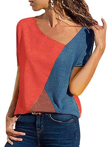 Minetom Damen Casual Patchwork Farbblock Kurzarm T-Shirt Asymmetrischer V-Ausschnitt Kurzarmshirt Tops Tunika Lose Pullover Bluse Oberteil Z Rot DE 50 von Minetom