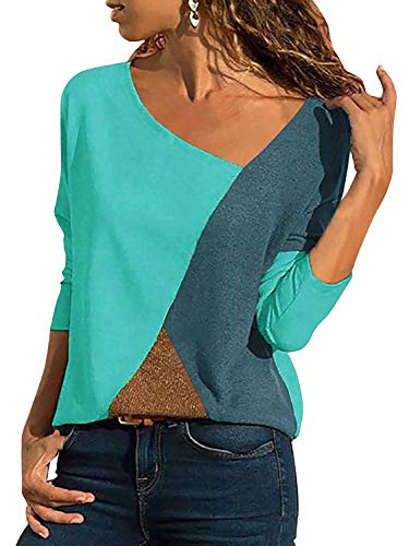 Minetom Damen Casual Patchwork Farbblock Langarm T-Shirt Asymmetrischer V-Ausschnitt Langarmshirt Tops Tunika Lose Pullover Bluse Oberteil (44, Blau) von Minetom