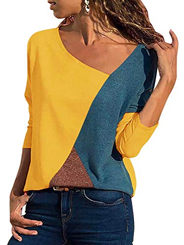 Minetom Damen Casual Patchwork Farbblock Langarm T-Shirt Asymmetrischer V-Ausschnitt Langarmshirt Tops Tunika Lose Pullover Bluse Oberteil Gelb DE 48 von Minetom