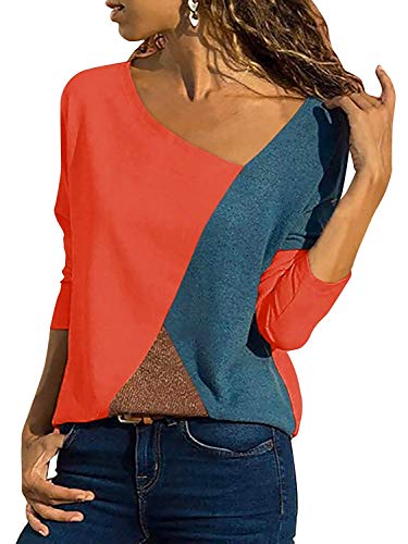 Minetom Damen Casual Patchwork Farbblock Langarm T-Shirt Asymmetrischer V-Ausschnitt Langarmshirt Tops Tunika Lose Pullover Bluse Oberteil Rot DE 40 von Minetom