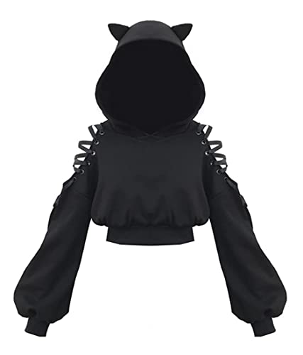 Minetom Damen Cat Ears Black Hoodie Langarm Kapuzenpullover Sweatshirt Hollow Out Schulterfrei Gothic Pullover Mit Kapuze A Schwarz L von Minetom