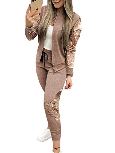 Minetom Damen Chic Sequin Patchwork Trainingsanzug Jacke mit Reißverschluss Mode Frühling Langarm Mantel Hose Sportanzüge 2 Stück B Braun 36 von Minetom