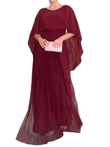 Minetom Damen Chiffon Cape Cocktailkleid Abendkleid Mit Overlay Für Hochzeit Brautjunferkleid Maxi Bridesmaid Dress Partykleid Abschlusskleid Lang Ballkleid B Rot L von Minetom