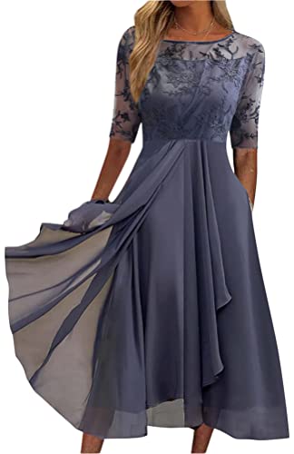 Minetom Damen Chiffon Kleider Spitzenkleid Cocktailkleid Festliches Ballkleid Brautjungfernkleider Für Hochzeit Midi Abendkleider B Grau M von Minetom