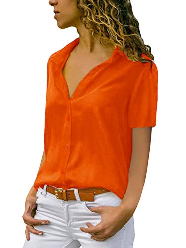 Minetom Damen Chiffon Kurzarm Blusen V Ausschnitt Mode T-Shirt Oberteile Elegant Hemd Top Einfarbig Kurzarm Bluse Casual Mode Knopf T-Shirt Tunika Rot 38 von Minetom