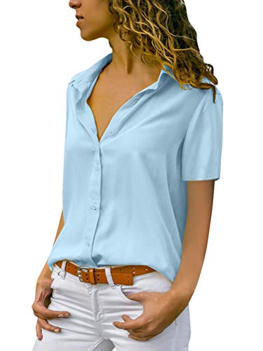 Minetom Damen Chiffon Kurzarm Blusen V Ausschnitt Mode T-Shirt Oberteile Elegant Hemd Top Einfarbig Kurzarm Bluse Casual Sommer Knopf Tunika Blau 48 von Minetom
